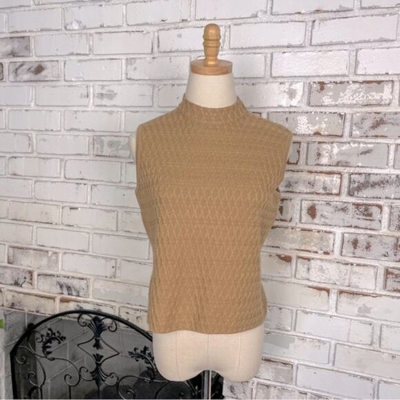 Vintage 90s Mock Neck Camel Tan Sleeveless Zip Detail Diamond Knit Sweater - Picture 1 of 9